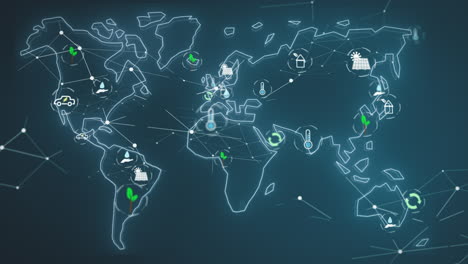 Símbolos-Ecológicos-De-La-Red-Digital-Del-Mapa-Mundial,-Concepto-De-Transición-De-Energía-Verde,-Cambio-Climático,-Energía-Solar-Regenerativa