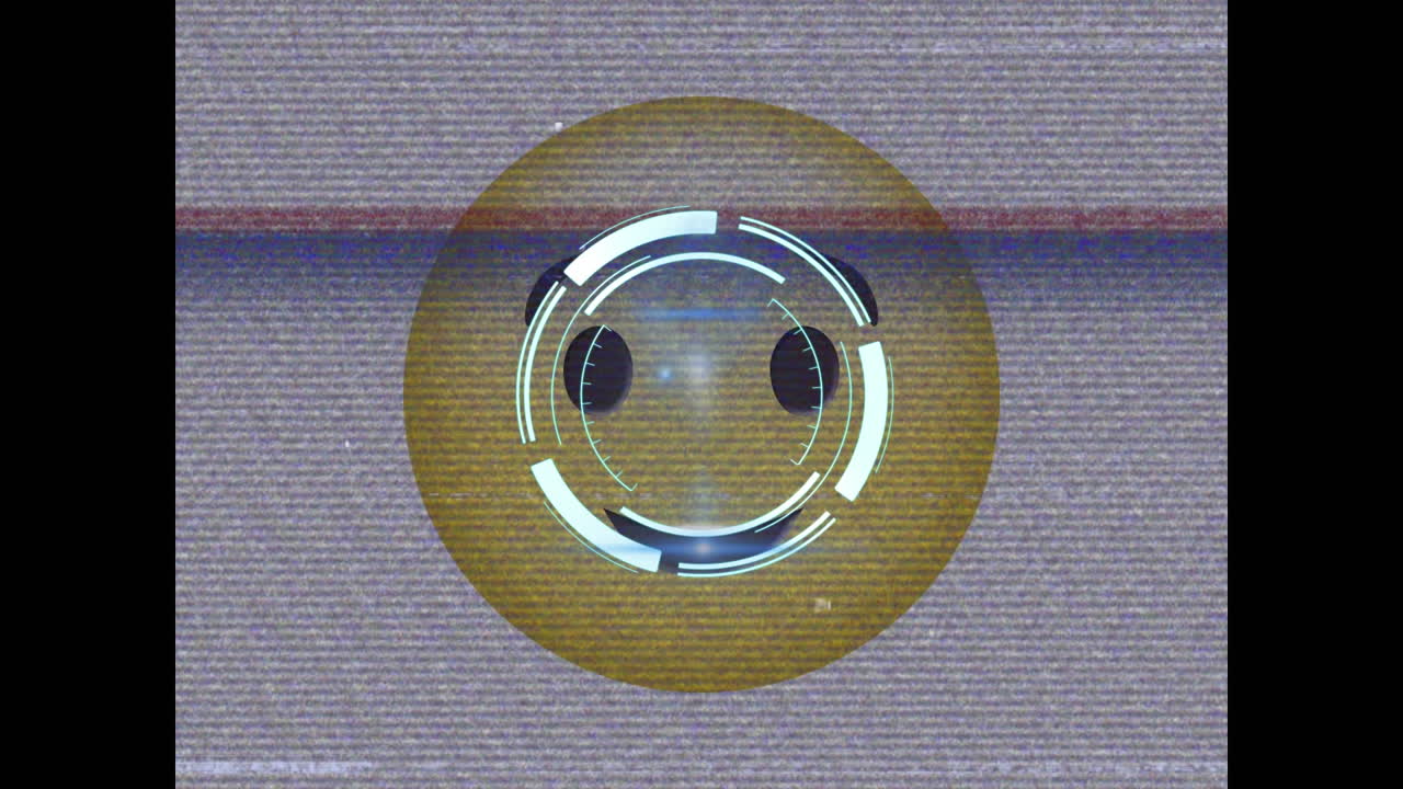 네온 둥근 스캐너와 tv 정적 효과가  ⁇  배경에 눈을  ⁇ 는 얼굴 이모지 위에