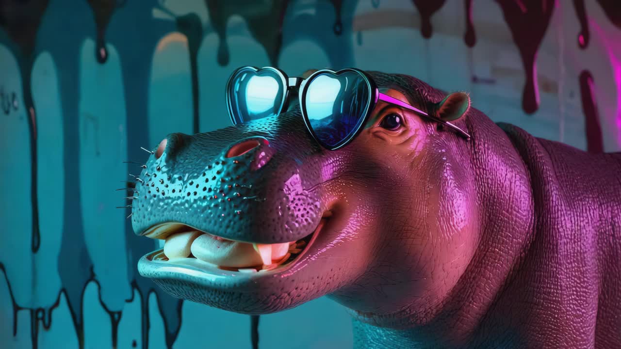 Ippopotamo alla moda con occhiali da sole a forma di cuore
