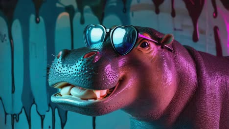 cool hippo wearing heart-shaped sunglasses