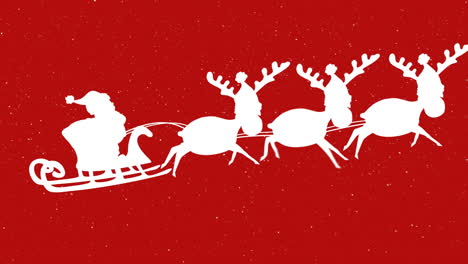 snow falling over santa claus in sleigh being pulled by reindeers against red background