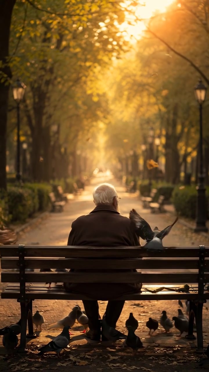 Back view of elderly man resting on bench while pigeons gather at feet, perch nearby, and cross through glowing autumn park light beside tree lined walkway with serene mood, with elderly, man, bench