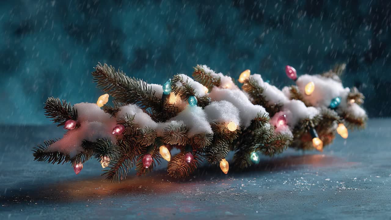 A Snow-Covered Evergreen Branch Adorned with Colorful Christmas Lights, Illuminating a Winter Scene with Soft Flurries and a Frosty Atmosphere