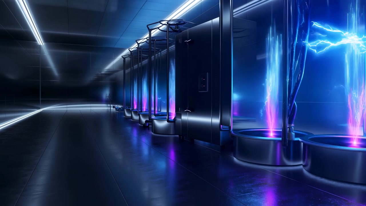 Dark equipment cabinets extend into the distance beside a glossy floor, while bright blue and magenta illumination shines inside clear panels under linear ceiling lights.