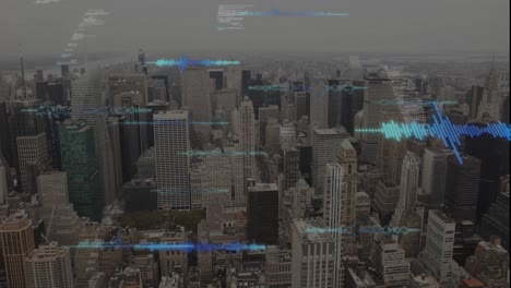 animación del procesamiento de datos frente a una vista aérea del paisaje urbano