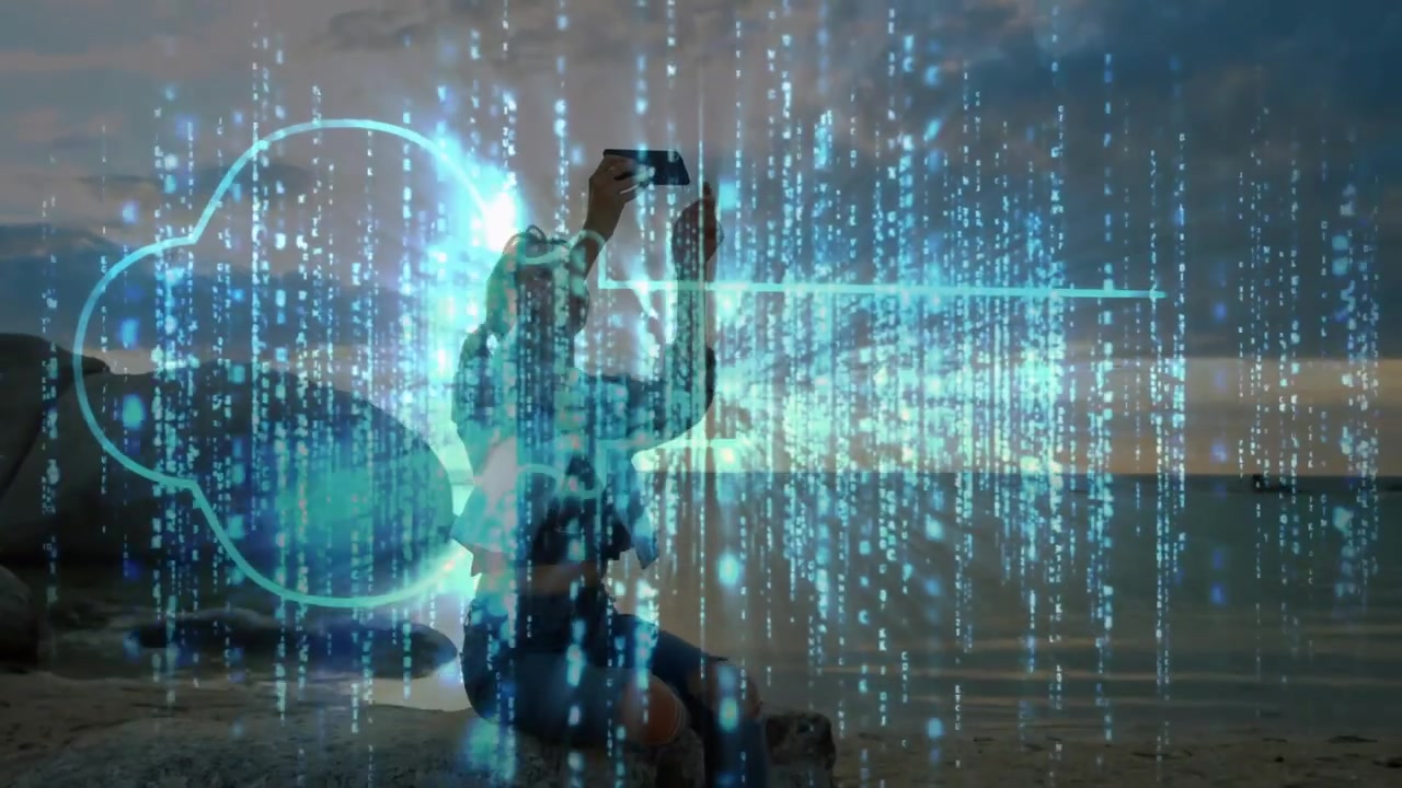 Woman raising phone on rocky coast dusk, forming blue code, cloud key hologram for tech demo