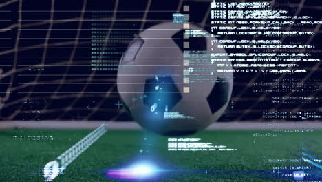 animation of data processing over football bouncing on pitch