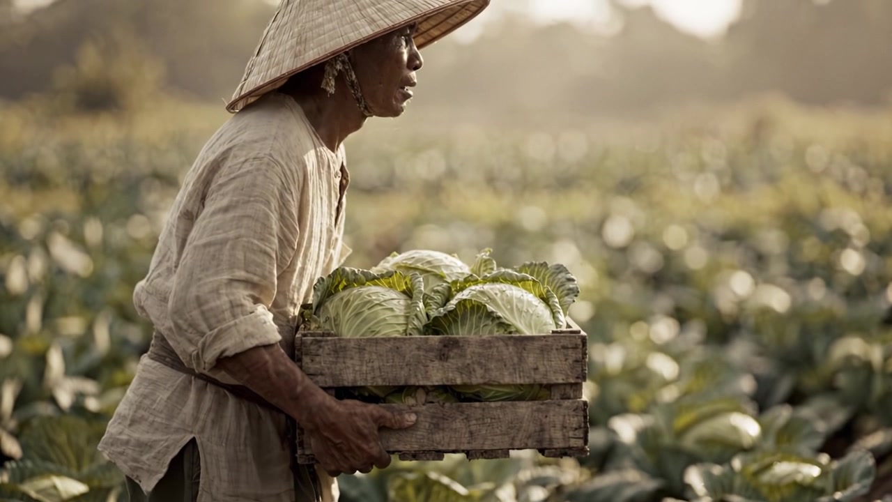 Seorang petani berdedikasi mengenakan topi caping sedang memanen kubis segar dengan hati-hati dari ladang hijau yang subur, menampilkan keindahan tradisi dan kerja pertanian