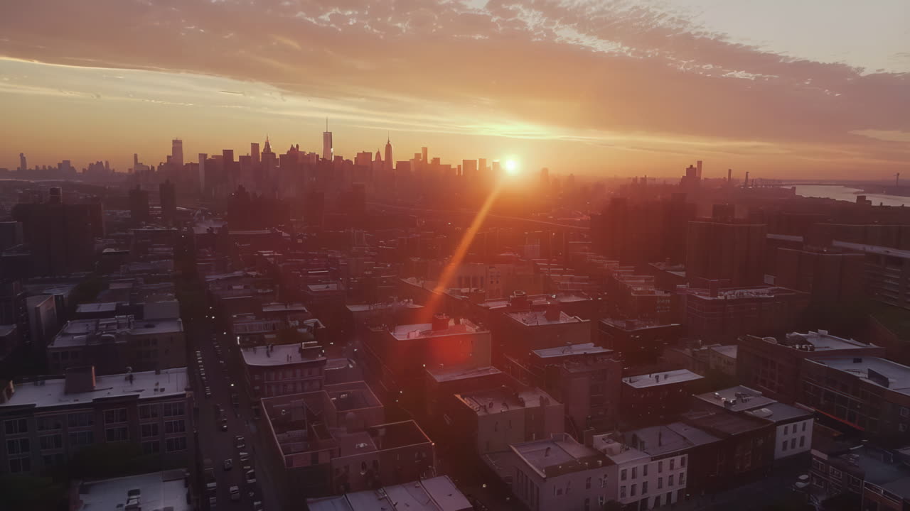 HORIZONTE DE BROOKLYN, IMAGEM AÉREA DE DRONE 4K, ANIMAÇÃO, ATMOSFÉRICO, PÔR DO SOL COM REFLEXO DE LENTE