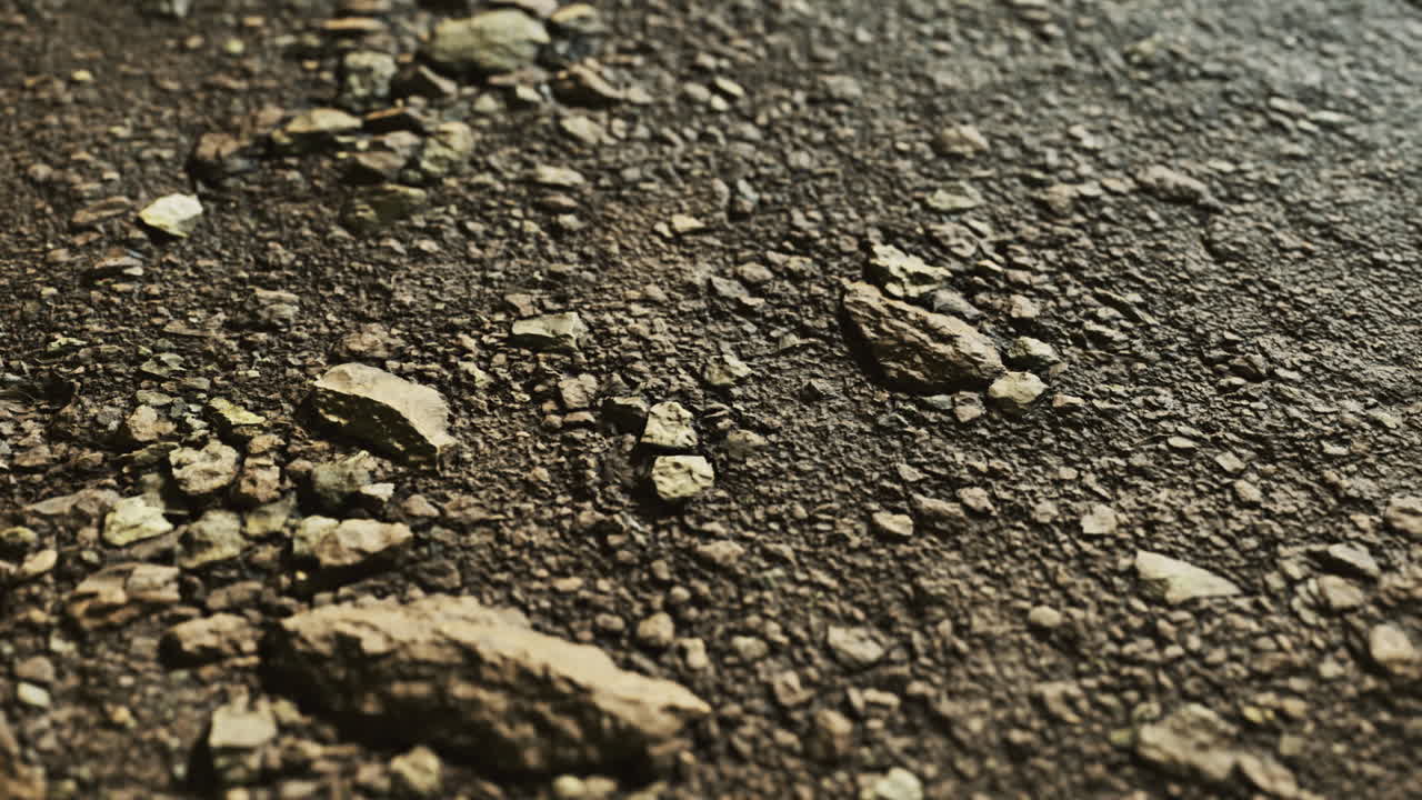 Textured ground surface showcasing stones and gravel on a dirt path