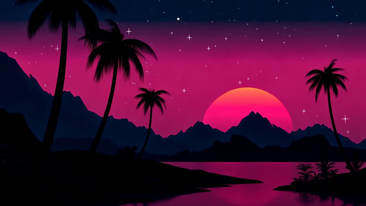 Stile video retro-futuristico con inquadratura dal basso di un tramonto rosa neon su montagne e palme.