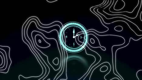 Digital-animation-of-topography-against-neon-blue-digital-clock-ticking-on-black-background