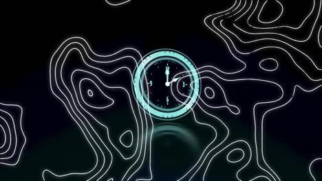 Animación-Digital-De-La-Topografía-Contra-El-Reloj-Digital-Azul-Neón-Haciendo-Tictac-Sobre-Fondo-Negro