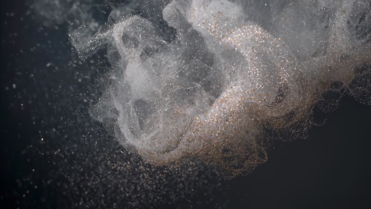 Pennacchio voluminoso che emerge dal bordo destro, si arriccia in filamenti e granelli scintillanti in uno studio buio