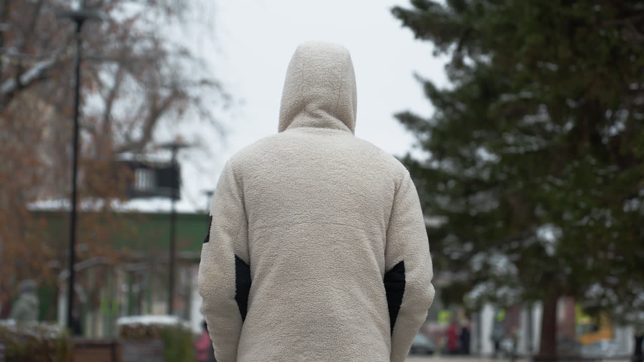 색 겨울 재을 입은 사람이 산책하는 뒷면으로, 흐릿한 배경은 바쁜 도시 환경을 보여 주고, 도시 생활 속에서 외로움의 느낌을 불러일으킨다.