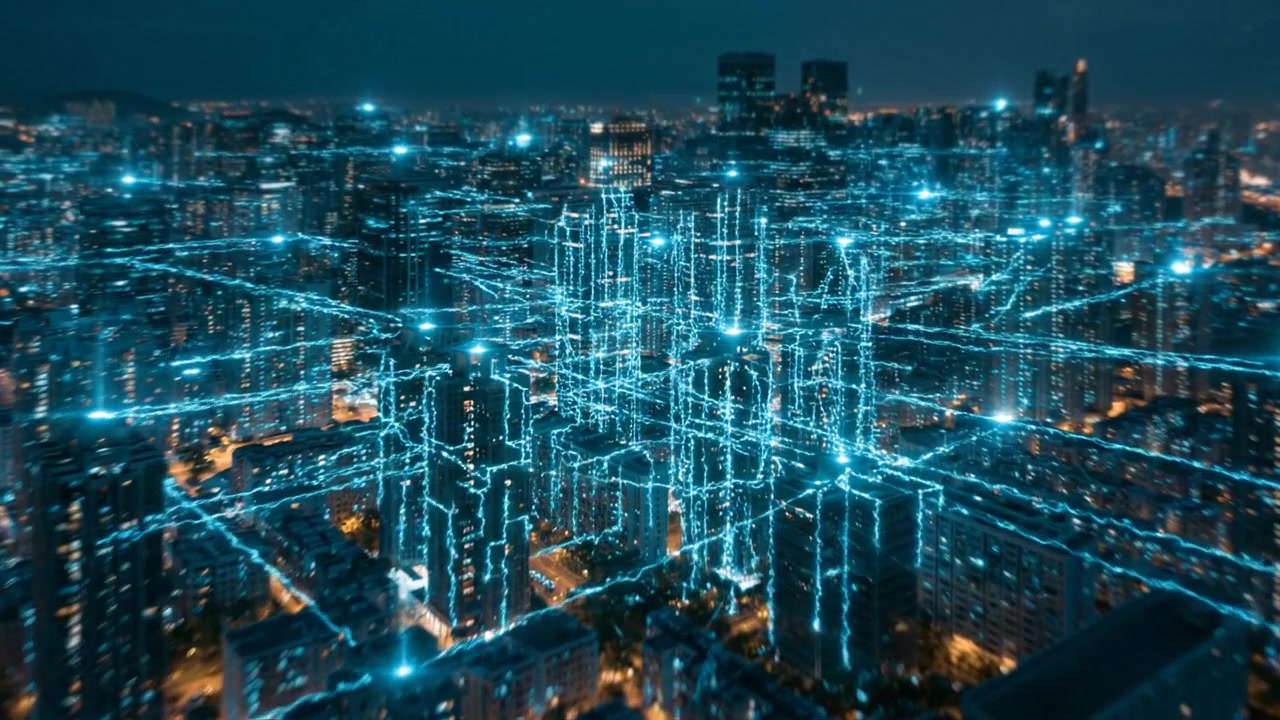 Rete urbana digitale futuristica con connessioni di rete blu illuminate