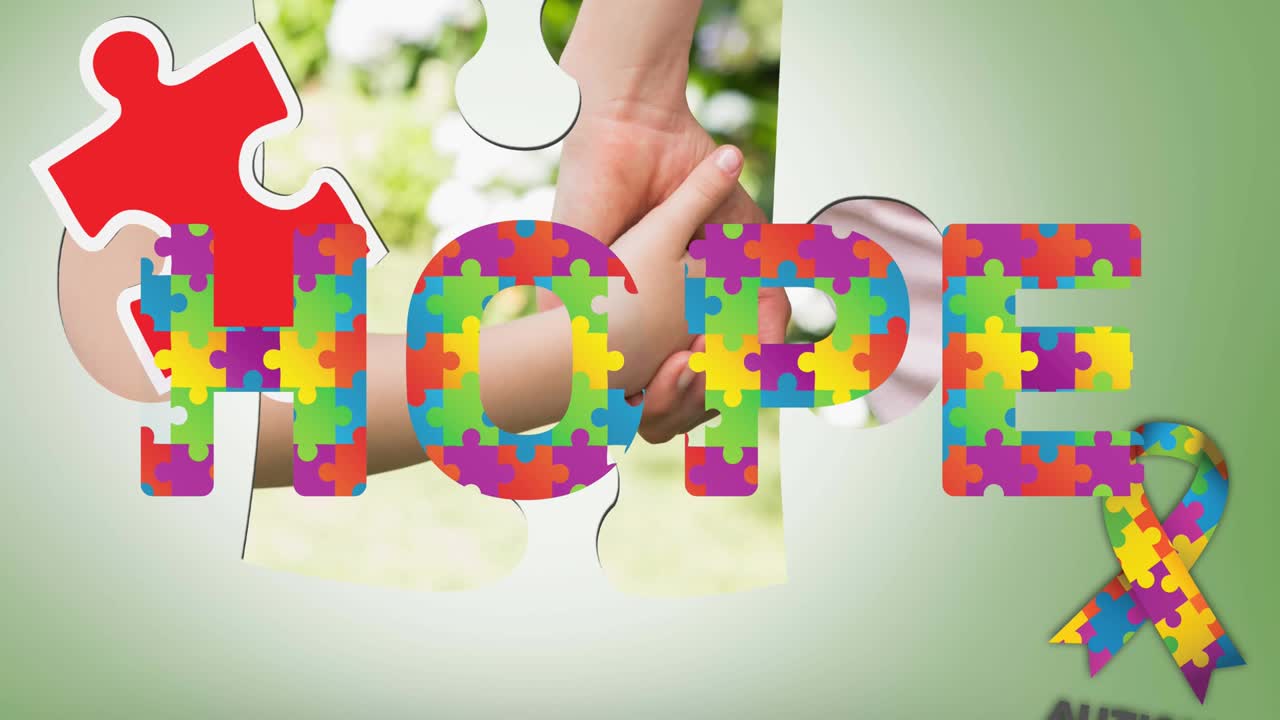 자폐증의 애니메이션 다채로운 퍼즐 조각을 형성하고 어머니와 자녀에 대한 희망 텍스트