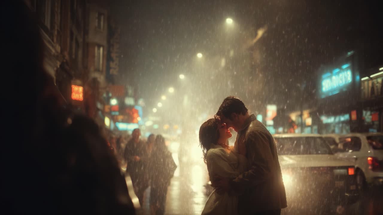 A Heartfelt Encounter in the Rain: Capturing a Magical Moment of Love Amidst the City Lights and Rainfall as Two Souls Embrace in an Intimate Kiss
