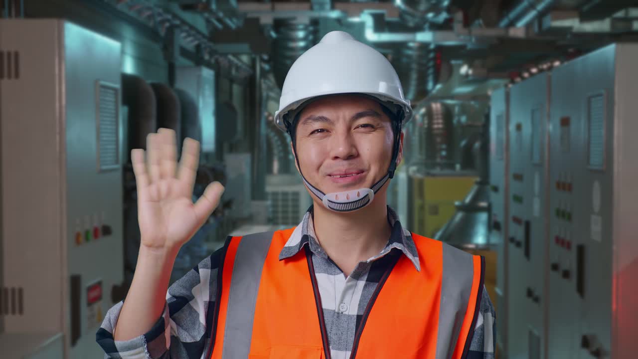 Close Up Of Asian Male Engineer With Safety Helmet Smiling To Camera And Waving Hand Saying Bye While Standing In Engine Control Room, Work Of Electrical Generators