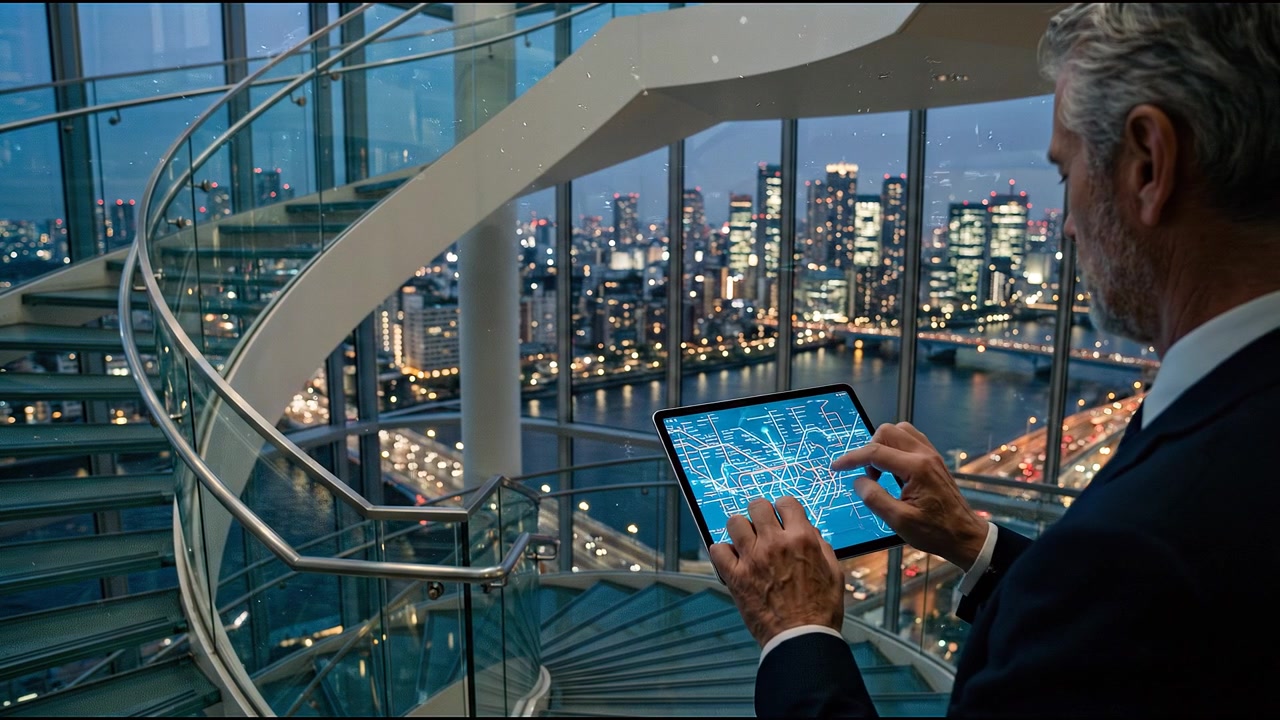 Senior executive navigating digital city map on tablet inside luxury office with skyline view