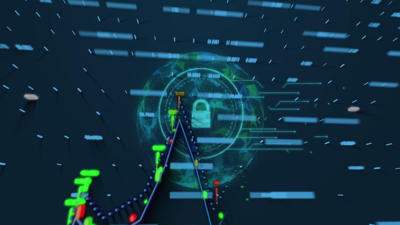Animation of graphs, globe and data on navy background