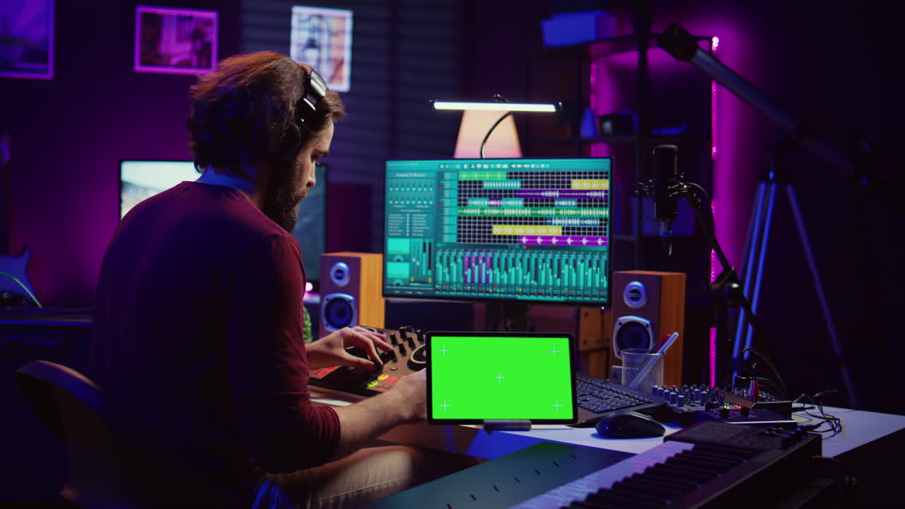 músico mezclando y masterizando sonidos en su estudio casero con consola electrónica