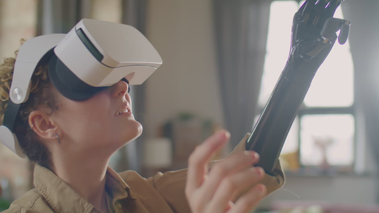 Girl with Prosthetic Arm Using VR Headset at Home