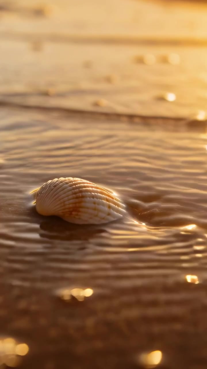 Vertical video: Washing incoming tide passing over ridged shell on beach at sunset, leaving foam