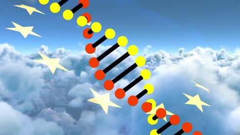 Animation-of-rotating-dna-strand-over-european-union-flag-and-clouds-etc