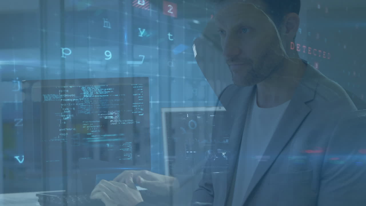 animación de procesamiento de datos sobre hombre caucásico y hacker en la sala de servidores