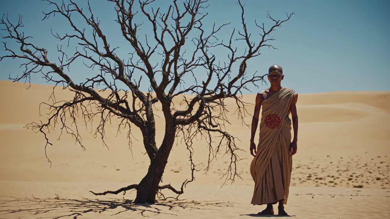 Monk walking through the desert beside a dry tree under a clear blue sky, embodying spirituality, resilience, and the quest for meaning in a barren landscape