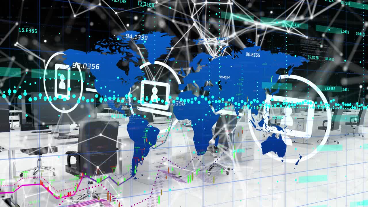 금융 데이터 처리 및 세계 지도의 애니메이션 오버 오피스