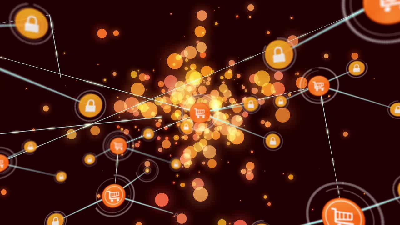 검은색 배경에 쇼핑 카트 아이콘의 연결 네트워크의 애니메이션