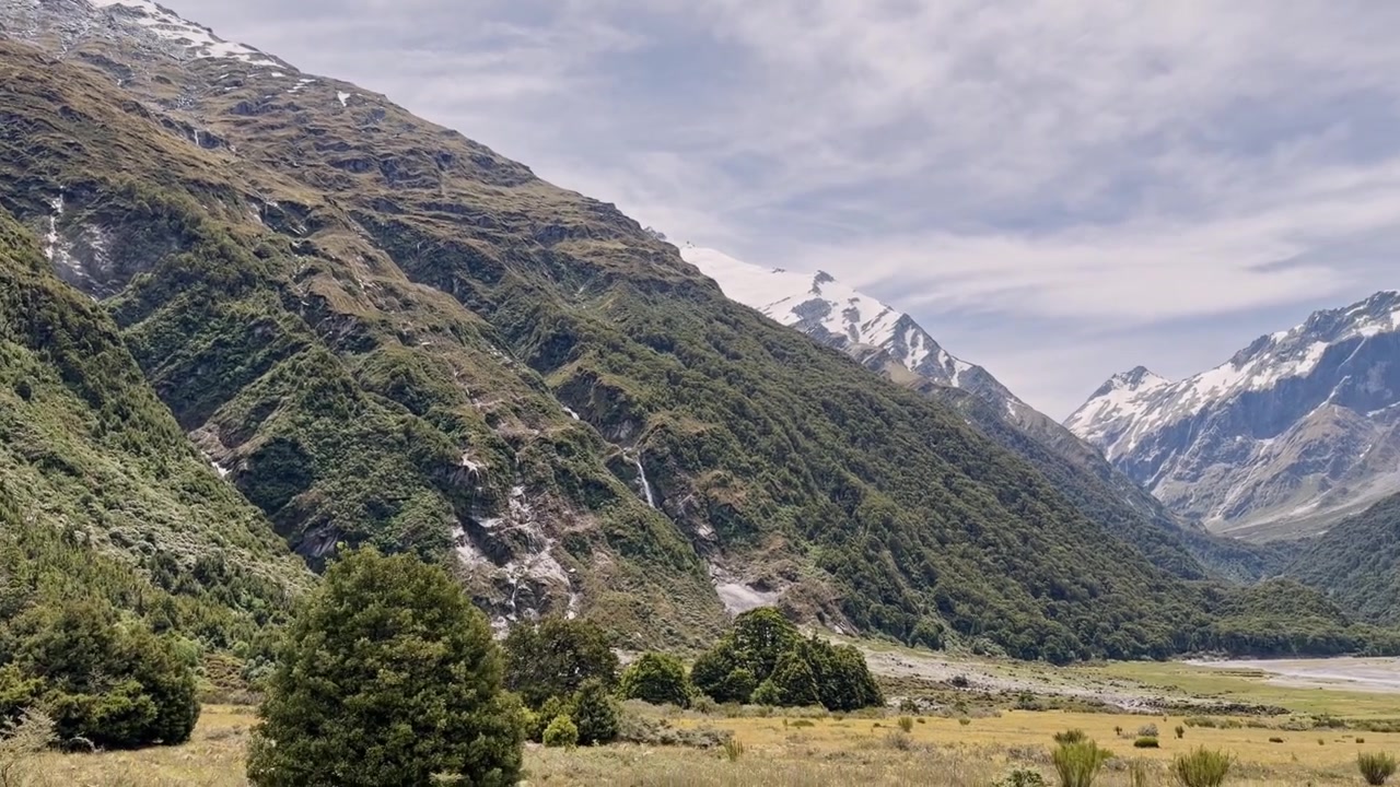 Spettacolare paesaggio alpino caratterizzato da un fiume a canali intrecciati, una foresta di faggi autoctoni, una valle erbosa e montagne innevate sotto un cielo nuvoloso. Immagini panoramiche della natura dall'Isola del Sud della Nuova Zelanda.