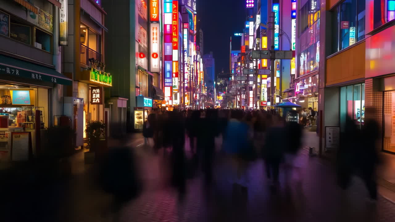 Vibrant Night Scene in a Busy Tokyo Street with Neon Lights and Blurred People