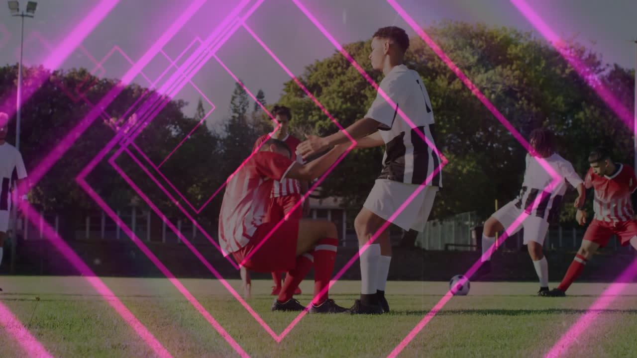 On field, soccer players playing with pink geometric animation overlay visible