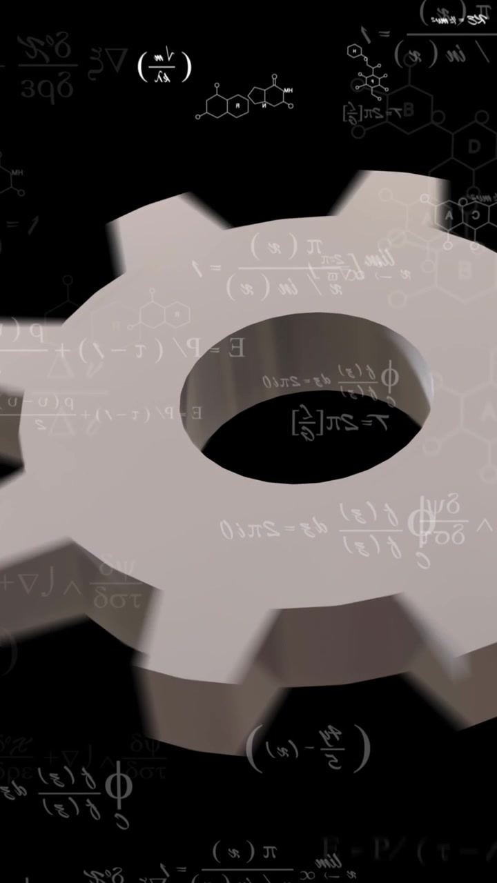 Animation of turning cog and mathematical equations over black background