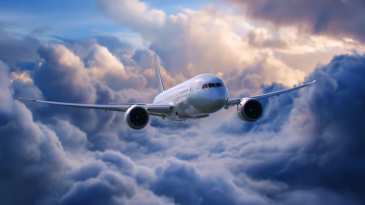 Un elegante aeroplano che vola tra maestose nuvole al crepuscolo, che mostra il suo design aerodinamico contro un cielo mozzafiato pieno di tonalità colorate di nuvole