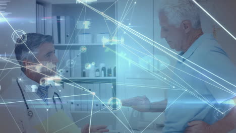 consulta con el paciente, médico con conexiones de red y animación de procesamiento de datos