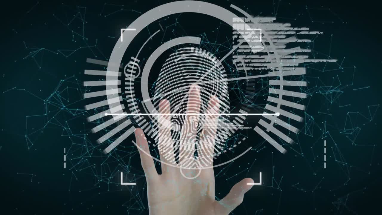 animación del procesamiento de datos con huellas dactilares biométricas y escaneo de alcance