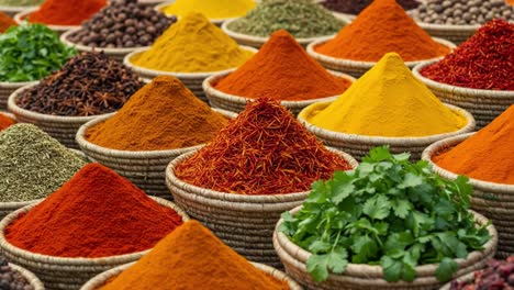 a vibrant display of colorful spices: exploring the rich textures and aromas of various spice varieties in traditional market baskets