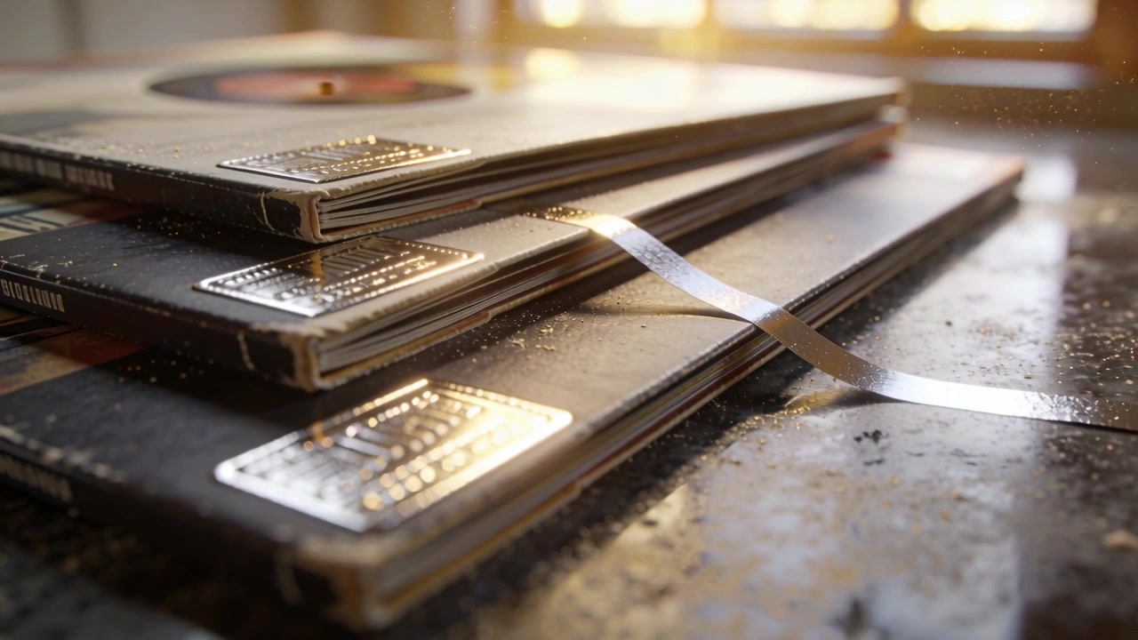 Creeping camera bringing booklets closer by window to show metal plates, sunlight lifting ribbon