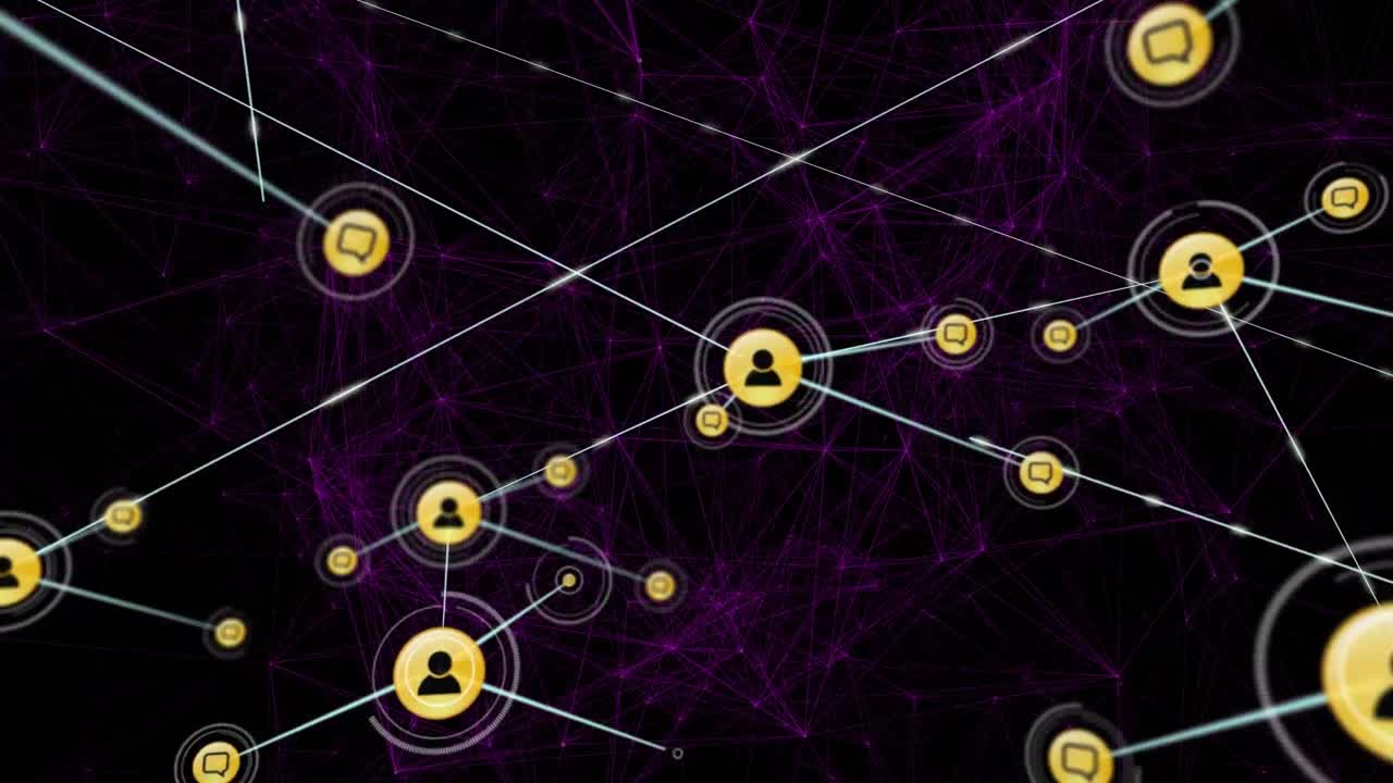 animación de la red de conexiones con iconos sobre fondo oscuro