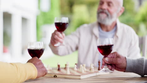 senior men, toast and red wine with retirement
