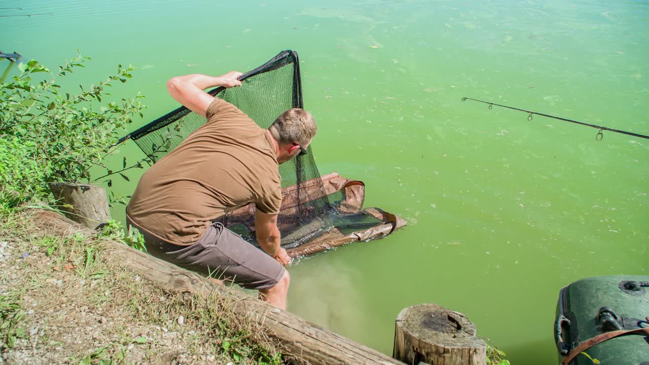 pescador saca del agua una red de pesca con carpa
