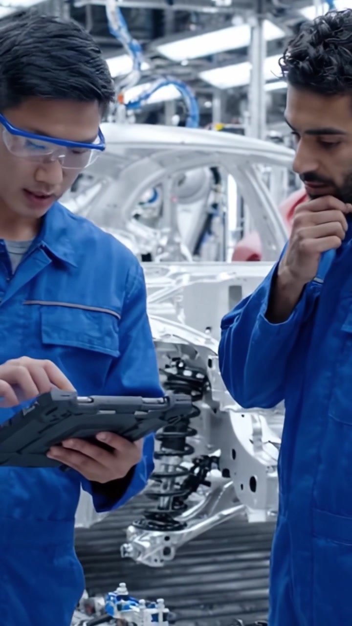 Dos trabajadores conversan en una planta de producción, rodeados de procesos y equipos de ensamblaje de automóviles, destacando el trabajo en equipo y la precisión en la producción automotriz