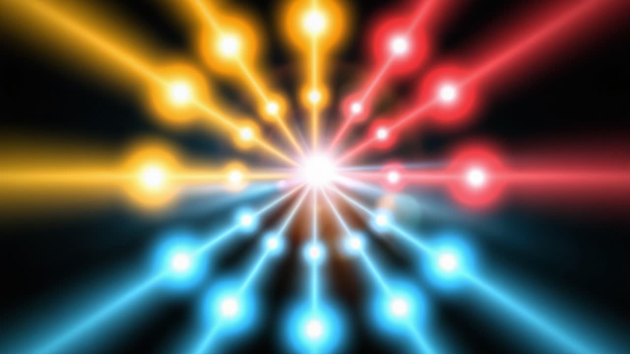 Et blændende display af lysstråler og linser, der udgår fra et centralt punkt, og skaber en farverig kosmisk effekt i mørke omgivelser