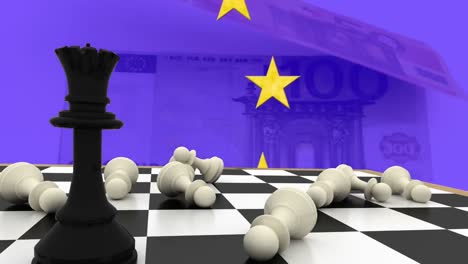 Animation-of-queen-and-fallen-pawns-on-chess-board,-european-union-flag,-50-and-100-euros-on-table