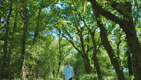 tilt shot revealing a girl walking through a magical forest, slow motion