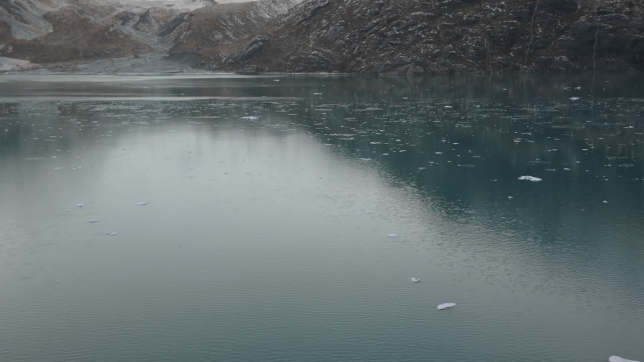 Gimbal tilting-up shot of an ice field at Topeka Glacier during a frozen day in Glacier Bay, Alaska. 4K